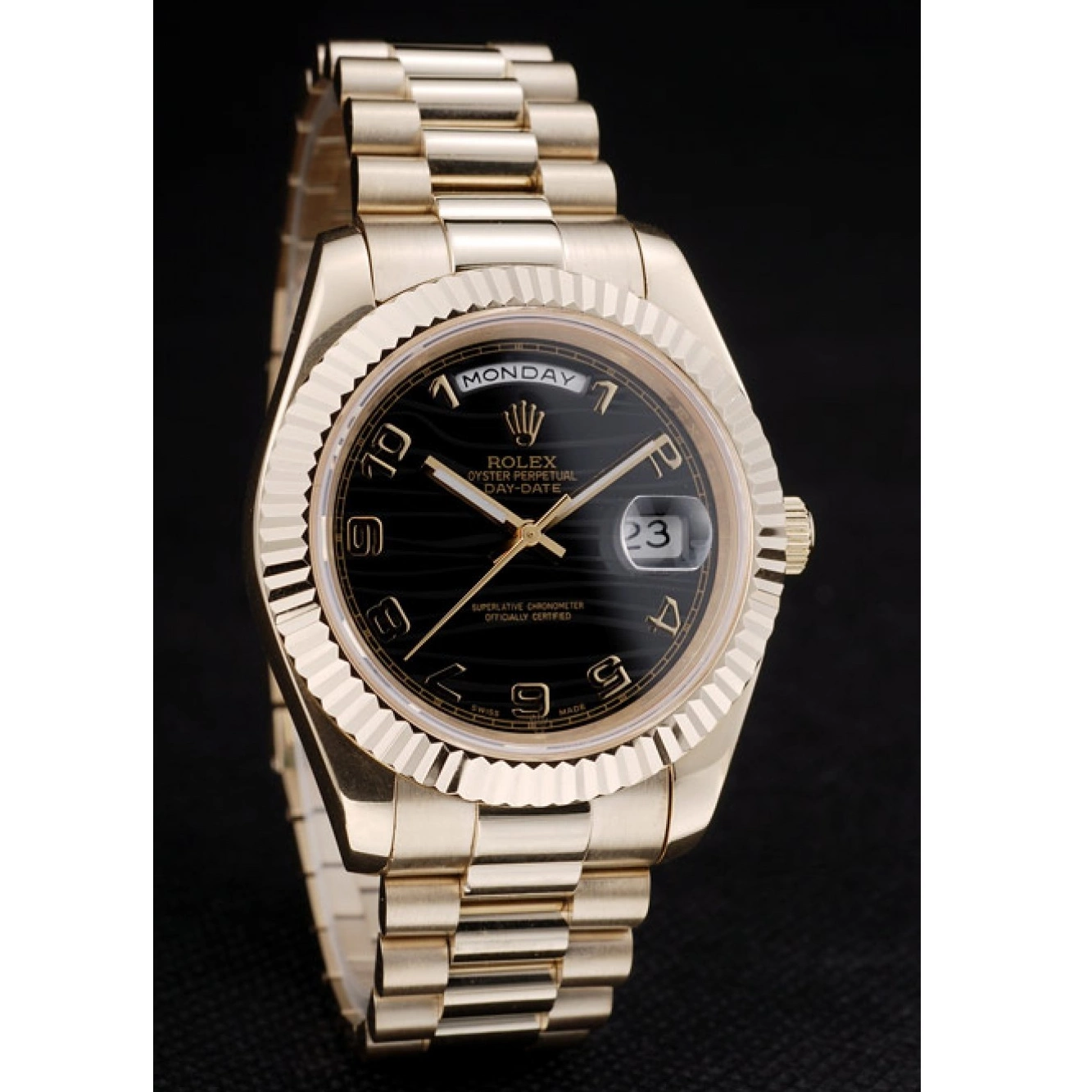 Good Copy Rolex Watches Rolex Steel 41998 Dial Swiss DayDate Ribbed Black Stainless Bezel Gold 0703